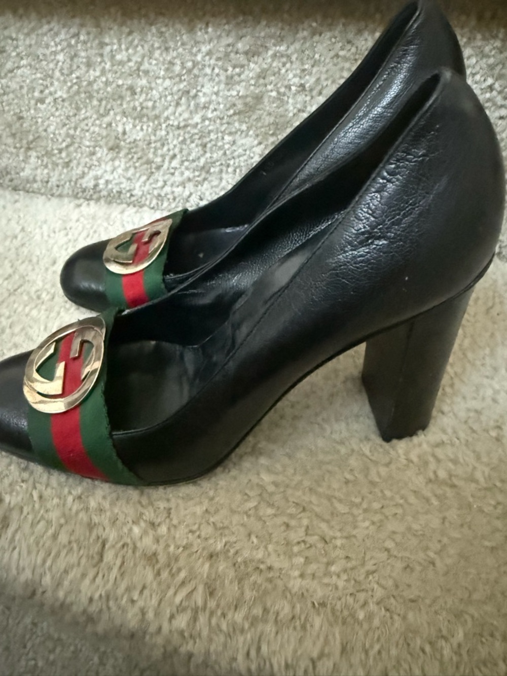 Gucci Black Leather Heels with Green and Red Web and Silver GG - Picture 2 of 5